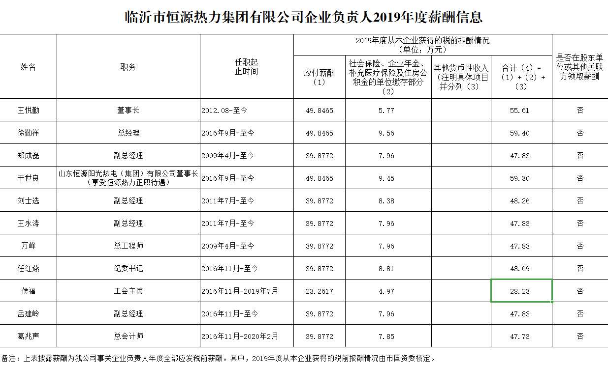 臨沂市恒源熱力集團有限公司企業(yè)負責(zé)人2019年度薪酬信息